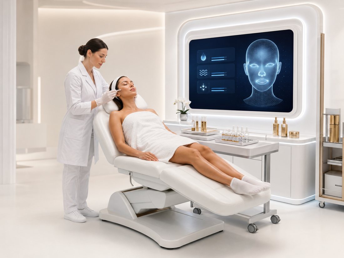 NexGen practitioner performing a skin booster treatment with an AI skin-analysis display