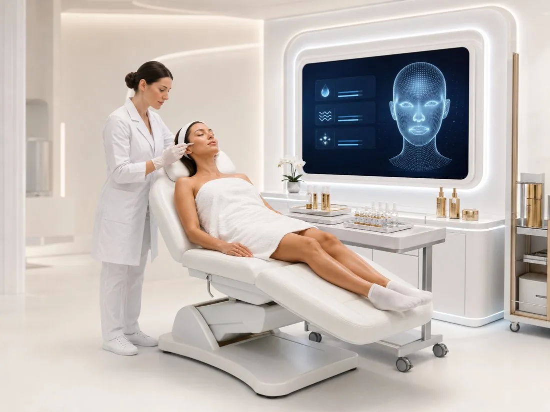 NexGen practitioner performing a skin booster treatment with an AI skin-analysis display